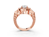 Rose gold Oval Cut Halo Milgrain Diamond Engagement Ring with Leaf Band and Four-Prong Setting_6