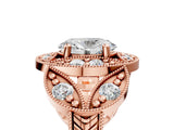 Rose gold Oval Cut Halo Milgrain Diamond Engagement Ring with Leaf Band and Four-Prong Setting_8