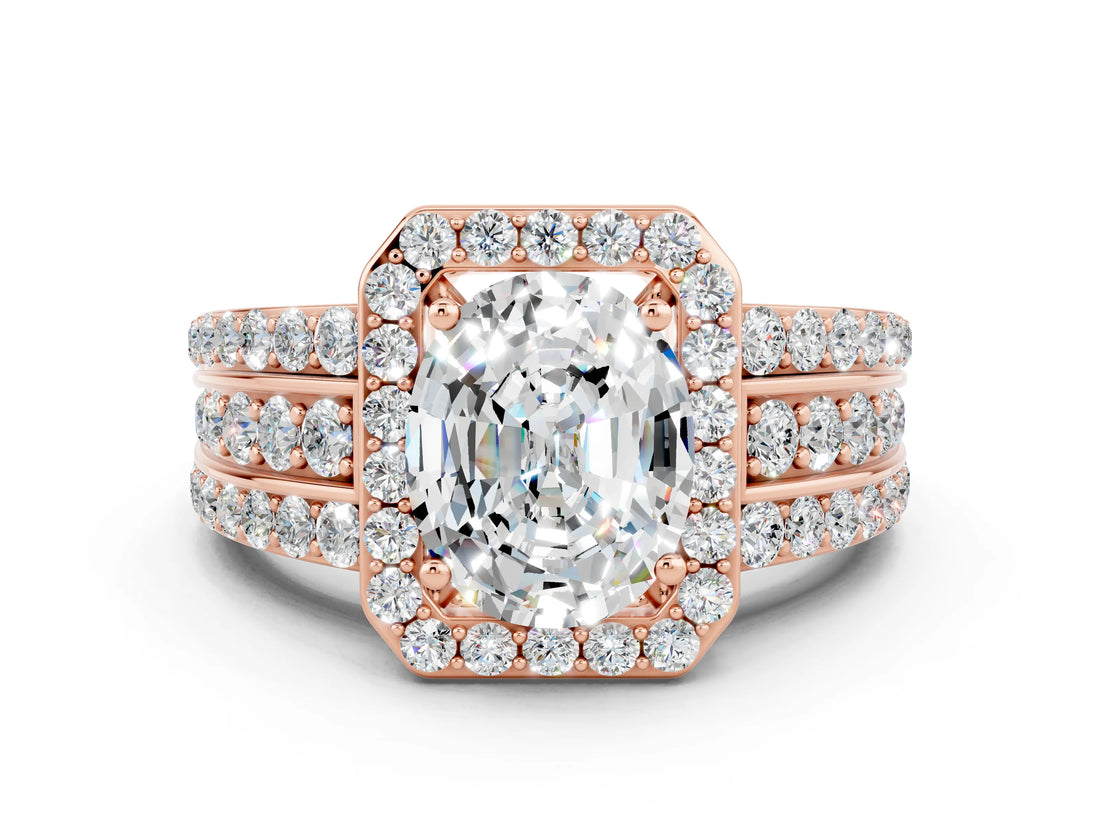 Rose gold Oval Cut Halo Moissanite Ring with Split Shank and Four-Prong Setting