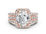 Rose gold Oval Cut Halo Moissanite Ring with Split Shank and Four-Prong Setting