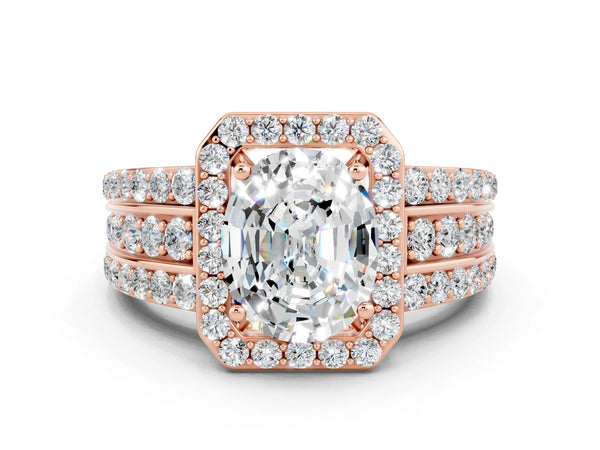 Rose gold Oval Cut Halo Moissanite Ring with Round  Split Shank and Prong Setting