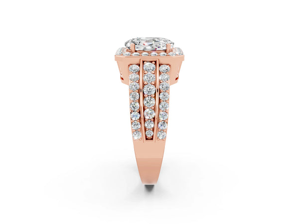 Rose gold Oval Cut Halo Moissanite Ring with Round  Split Shank and Prong Setting