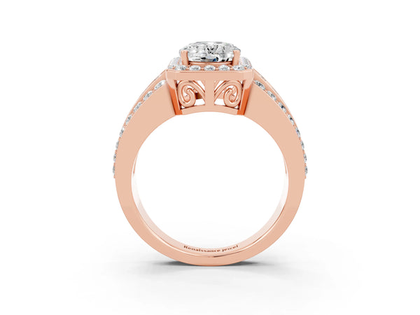 Rose gold Oval Cut Halo Moissanite Ring with Round  Split Shank and Prong Setting