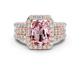 Rose gold Oval Cut Halo Morganite Ring with Split Shank and Four-Prong Setting
