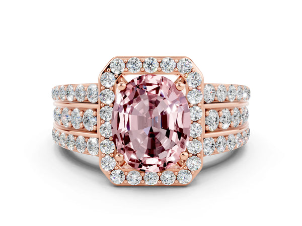 Rose gold Oval Cut Halo Morganite Ring with Round  Split Shank and Prong Setting