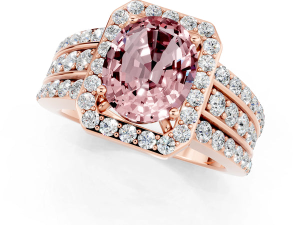 Rose gold Oval Cut Halo Morganite Ring with Round  Split Shank and Prong Setting
