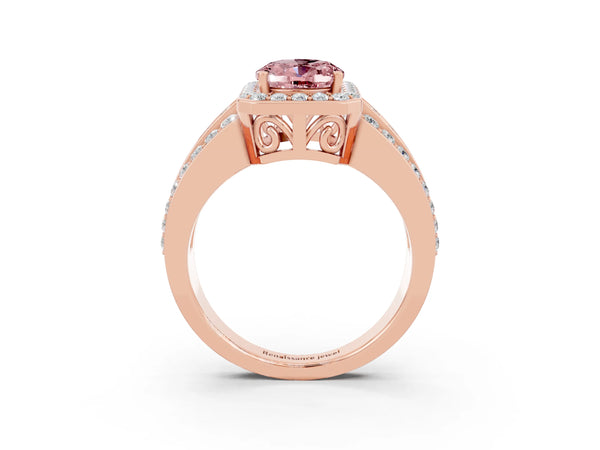 Rose gold Oval Cut Halo Morganite Ring with Round  Split Shank and Prong Setting