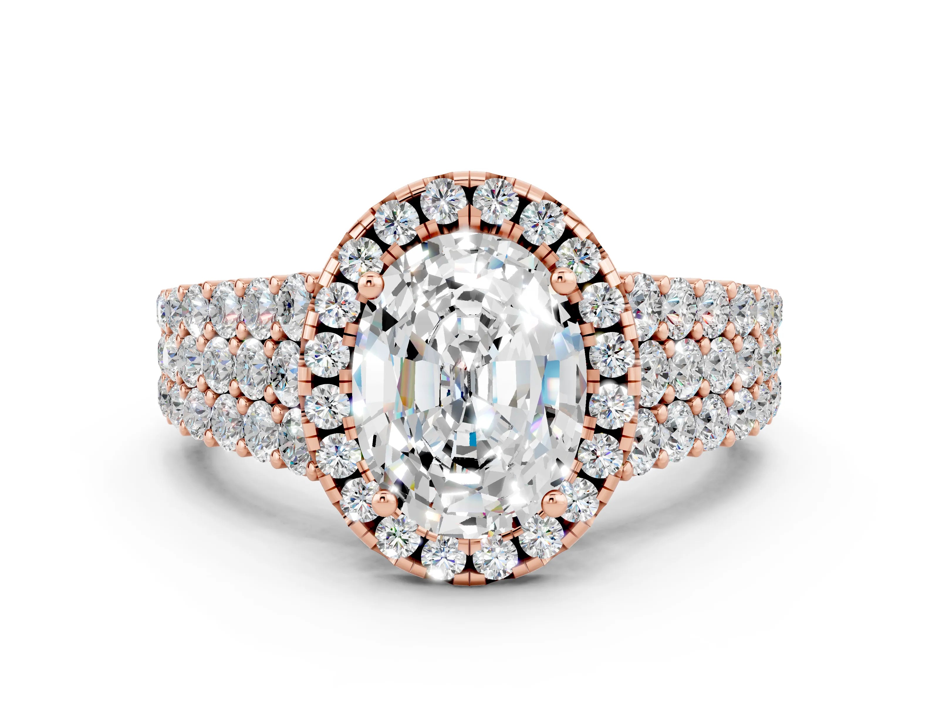 Rose gold Oval Cut Halo Pavé Diamond Engagement Ring with Split Shank and Four-Prong Setting