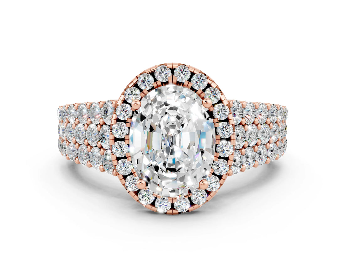 Rose gold Oval Cut Halo Pavé Diamond Engagement Ring with Split Shank and Four-Prong Setting