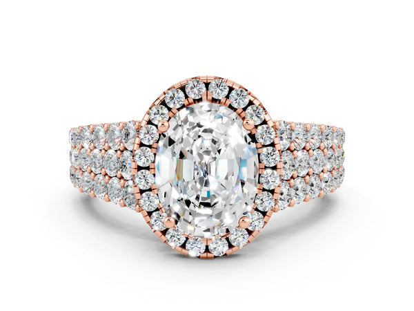 Rose gold Oval Cut Moissanite Halo Engagement Ring with Triple Row Round Pavé Band and Prong Setting