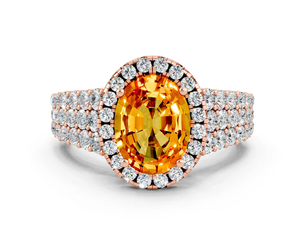 Rose gold Oval Cut Citrine Halo Engagement Ring with Triple Row Round Pavé Band and Prong Setting