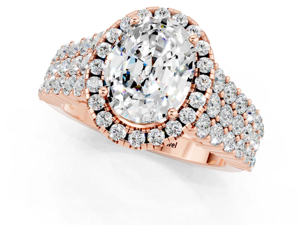 Rose gold Oval Cut Moissanite Halo Engagement Ring with Triple Row Round Pavé Band and Prong Setting