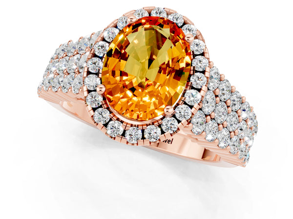 Rose gold Oval Cut Citrine Halo Engagement Ring with Triple Row Round Pavé Band and Prong Setting