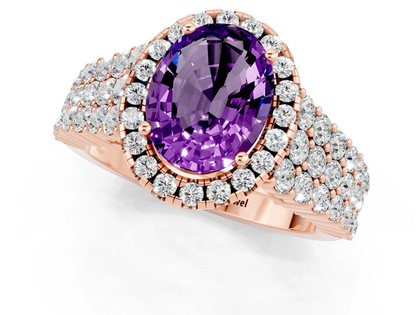 Rose gold Oval Cut Amethyst Halo Engagement Ring with Triple Row Round Pavé Band and Prong Setting