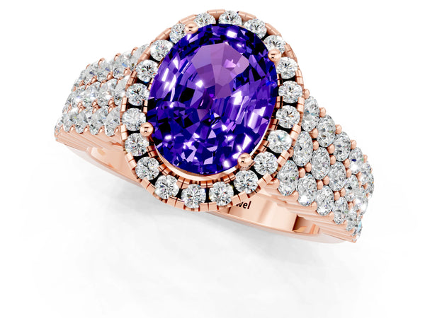 Rose gold Oval Cut Tanzanite Halo Engagement Ring with Triple Row Round Pavé Band and Prong Setting