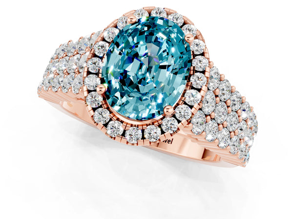 Rose gold Oval Cut Halo Pavé Diamond Engagement Ring with Split Shank and Four-Prong Setting