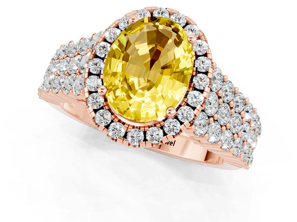 Rose gold Oval Cut Yellow Sapphire Halo Engagement Ring with Triple Row Round Pavé Band and Prong Setting