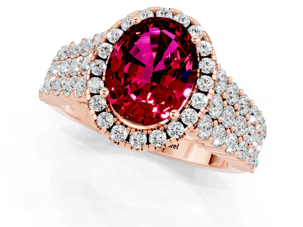 Rose gold Oval Cut Garnet Halo Engagement Ring with Triple Row Round Pavé Band and Prong Setting