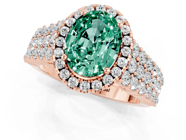 Rose gold Oval Cut Green Sapphire Halo Engagement Ring with Triple Row Round Pavé Band and Prong Setting