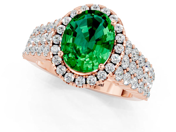 Rose gold Oval Cut Emerald Halo Engagement Ring with Triple Row Round Pavé Band and Prong Setting