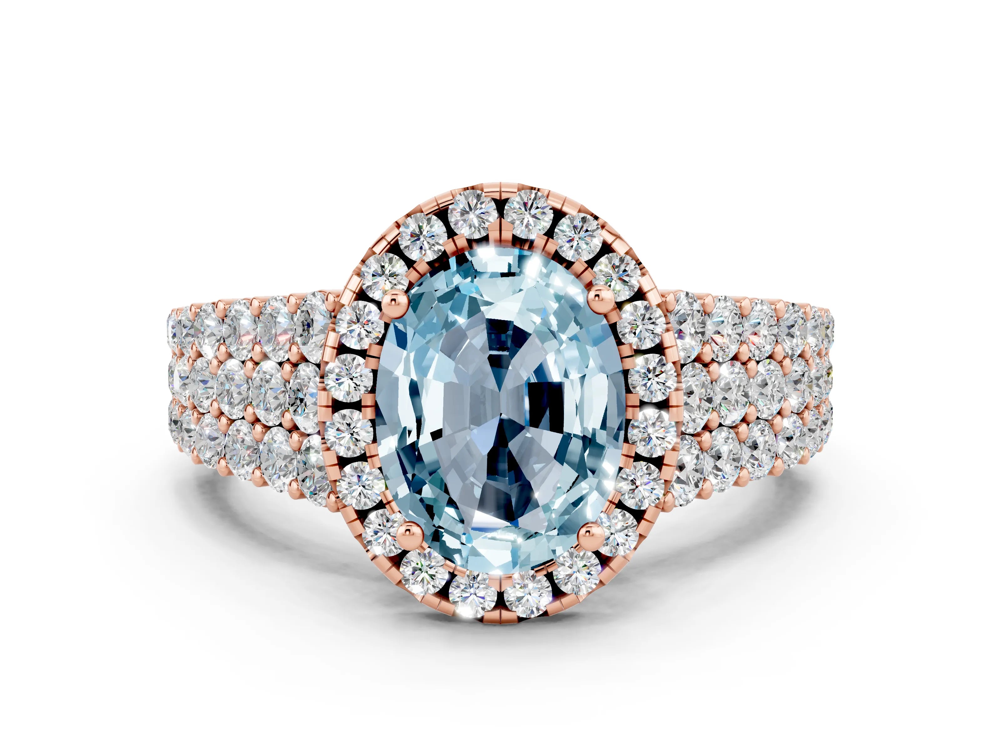 Rose gold Oval Cut Halo Pavé Diamond Engagement Ring with Split Shank and Four-Prong Setting