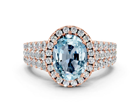 Rose gold Oval Cut Halo Pavé Diamond Engagement Ring with Split Shank and Four-Prong Setting