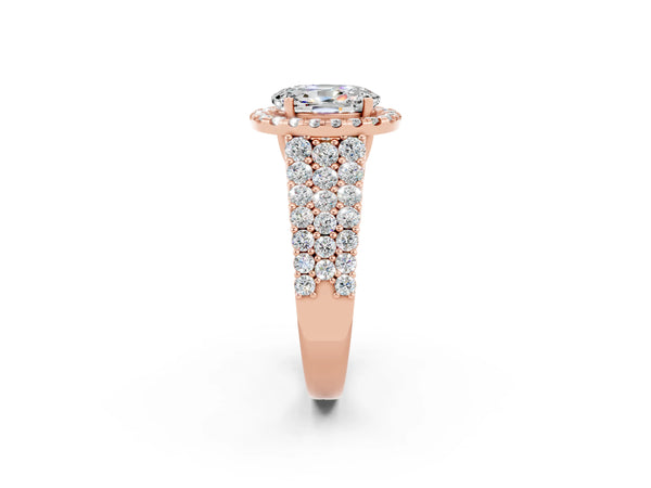 Rose gold Oval Cut Moissanite Halo Engagement Ring with Triple Row Round Pavé Band and Prong Setting
