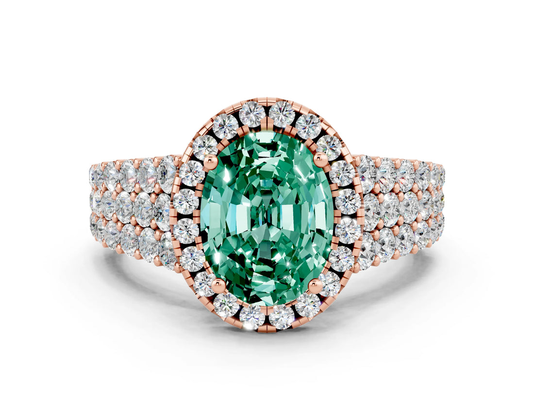 Rose gold Oval Cut Halo Pavé Diamond Engagement Ring with Split Shank and Four-Prong Setting