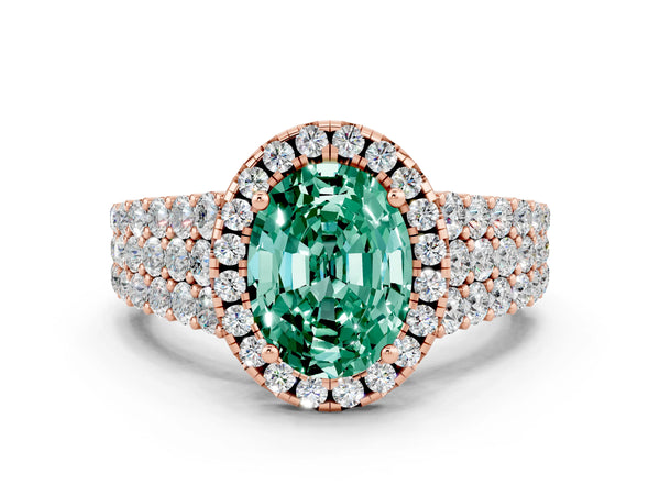 Rose gold Oval Cut Green Sapphire Halo Engagement Ring with Triple Row Round Pavé Band and Prong Setting