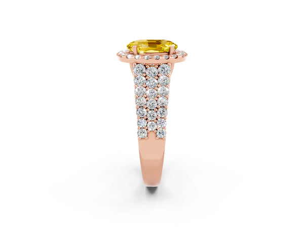 Rose gold Oval Cut Yellow Sapphire Halo Engagement Ring with Triple Row Round Pavé Band and Prong Setting