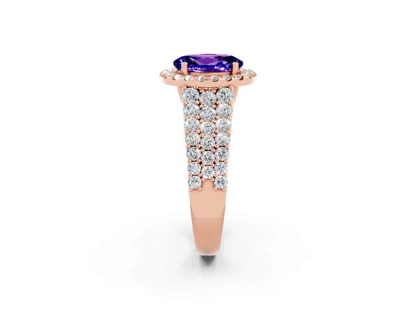 Rose gold Oval Cut Tanzanite Halo Engagement Ring with Triple Row Round Pavé Band and Prong Setting