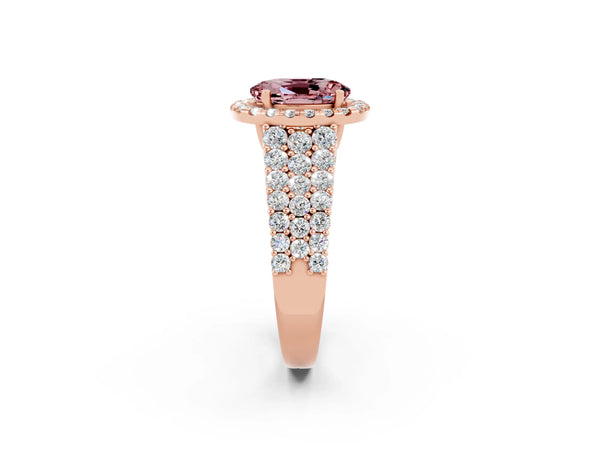Rose gold Oval Cut Halo Pavé Diamond Engagement Ring with Split Shank and Four-Prong Setting