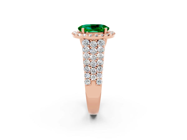 Rose gold Oval Cut Emerald Halo Engagement Ring with Triple Row Round Pavé Band and Prong Setting
