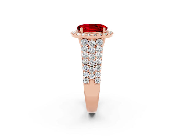 Rose gold Oval Cut Halo Pavé Diamond Engagement Ring with Split Shank and Four-Prong Setting