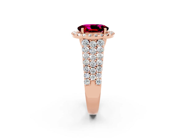 Rose gold Oval Cut Garnet Halo Engagement Ring with Triple Row Round Pavé Band and Prong Setting