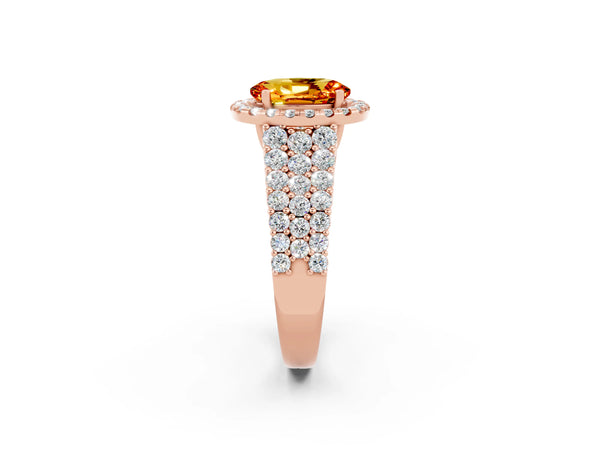 Rose gold Oval Cut Citrine Halo Engagement Ring with Triple Row Round Pavé Band and Prong Setting