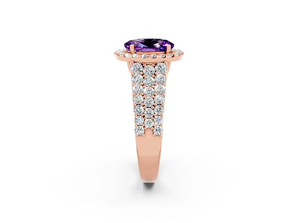Rose gold Oval Cut Amethyst Halo Engagement Ring with Triple Row Round Pavé Band and Prong Setting