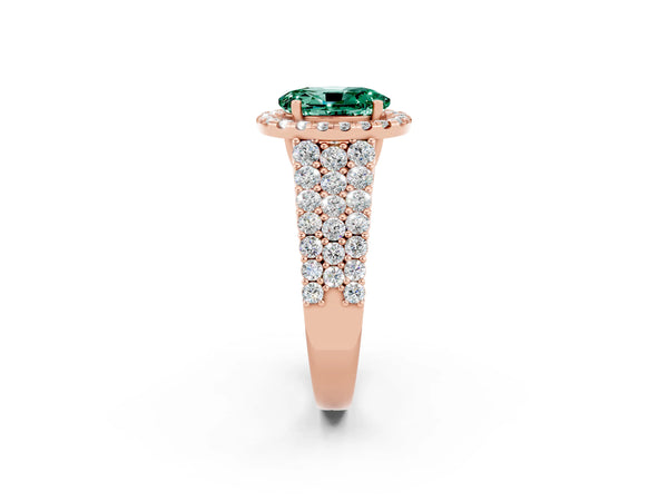 Rose gold Oval Cut Green Sapphire Halo Engagement Ring with Triple Row Round Pavé Band and Prong Setting