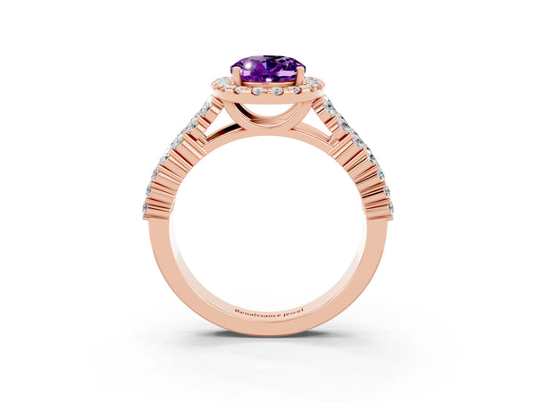Rose gold Oval Cut Amethyst Halo Engagement Ring with Triple Row Round Pavé Band and Prong Setting