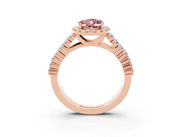 Rose gold Oval Cut Halo Pavé Diamond Engagement Ring with Split Shank and Four-Prong Setting