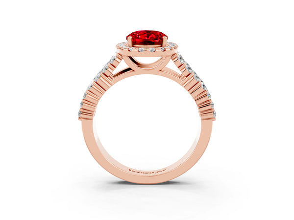 Rose gold Oval Cut Halo Pavé Diamond Engagement Ring with Split Shank and Four-Prong Setting