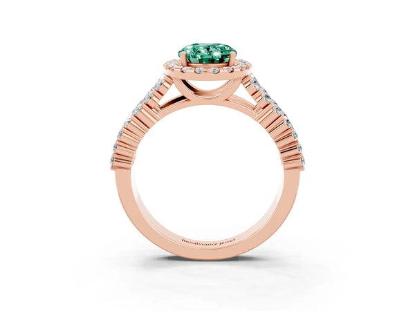 Rose gold Oval Cut Green Sapphire Halo Engagement Ring with Triple Row Round Pavé Band and Prong Setting