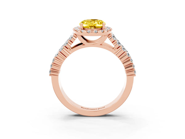 Rose gold Oval Cut Yellow Sapphire Halo Engagement Ring with Triple Row Round Pavé Band and Prong Setting