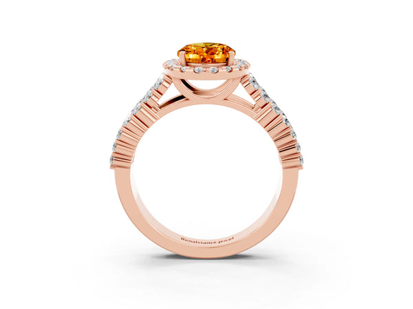 Rose gold Oval Cut Citrine Halo Engagement Ring with Triple Row Round Pavé Band and Prong Setting