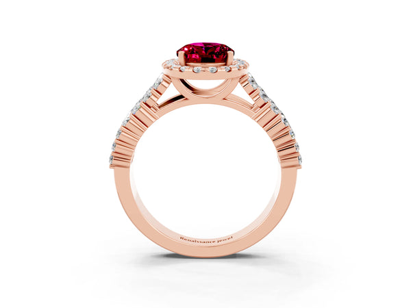 Rose gold Oval Cut Garnet Halo Engagement Ring with Triple Row Round Pavé Band and Prong Setting
