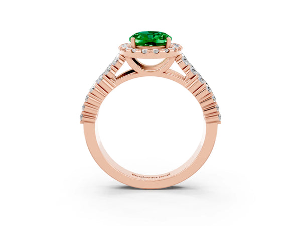 Rose gold Oval Cut Emerald Halo Engagement Ring with Triple Row Round Pavé Band and Prong Setting