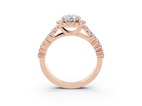 Rose gold Oval Cut Moissanite Halo Engagement Ring with Triple Row Round Pavé Band and Prong Setting