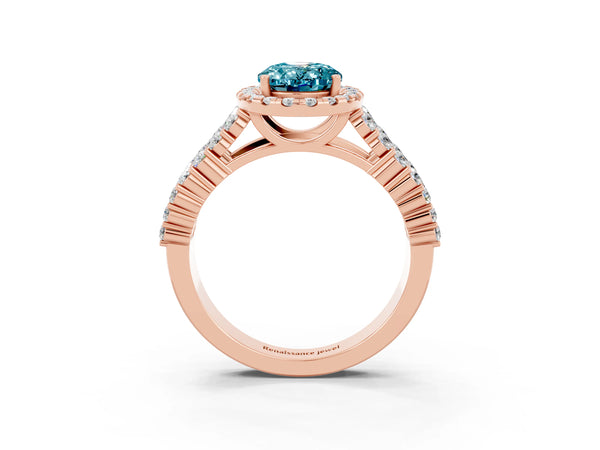 Rose gold Oval Cut Halo Pavé Diamond Engagement Ring with Split Shank and Four-Prong Setting