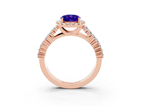 Rose gold Oval Cut Tanzanite Halo Engagement Ring with Triple Row Round Pavé Band and Prong Setting