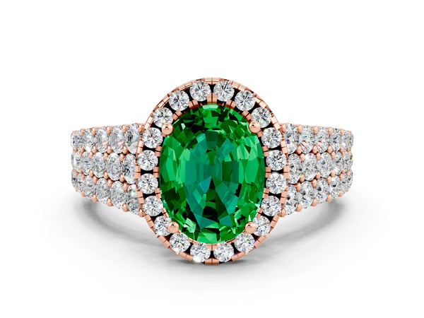 Rose gold Oval Cut Emerald Halo Engagement Ring with Triple Row Round Pavé Band and Prong Setting